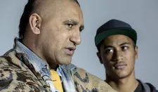 Genesis wrapped in tiger blanket with his nephew Mana (James Rolleston): "The blanket has this wonderful softness. Almost biblical, a biblical sense of robes."